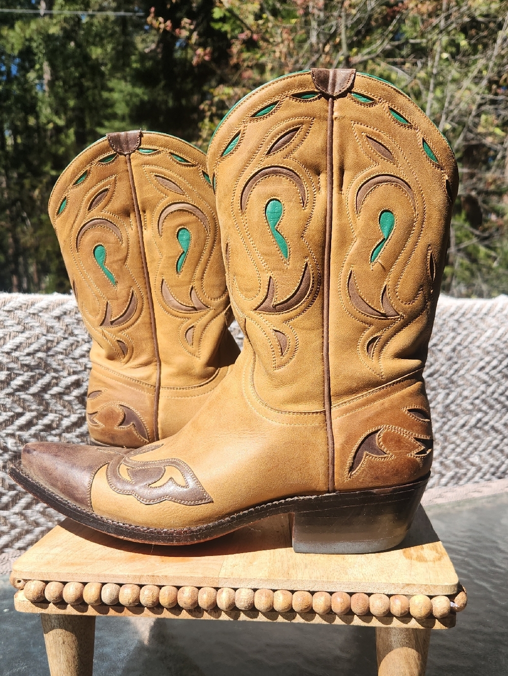 OIW Brown Leather Western Boots with Green Inlay Festival Boho Rodeo Queen SZ 7B